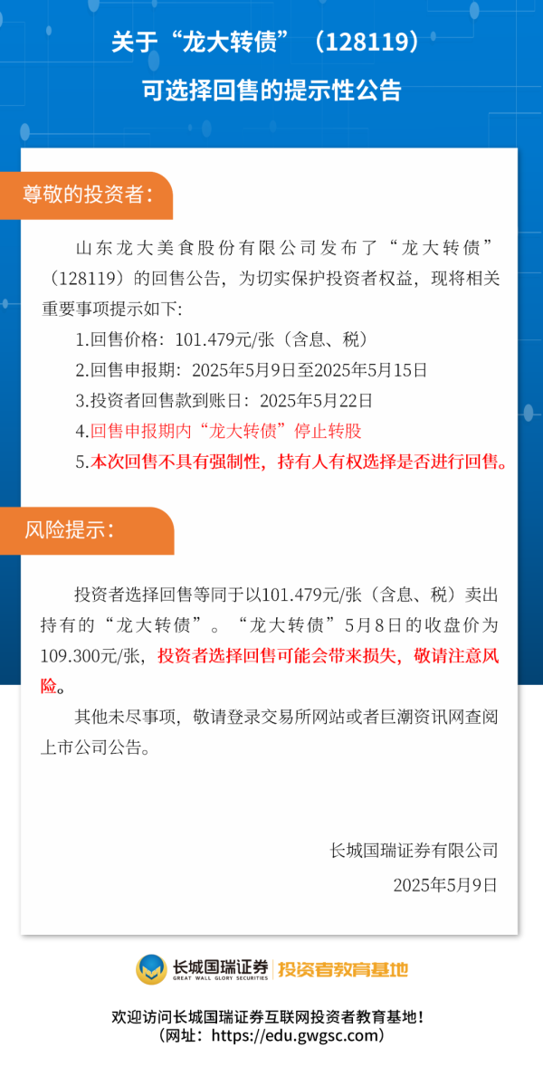 牛管家 关于“龙大转债”（128119）可选择回售的提示性公告