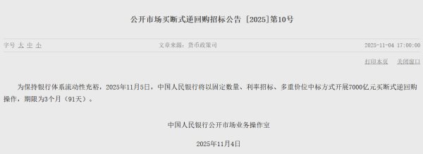 配操盘 央行11月5日将开展7000亿元买断式逆回购操作